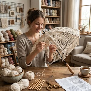 May include: A woman crocheting a cream parasol with a leaf design. The parasol has a wooden handle and black frame. Yarn, crochet hooks, and scissors are on the wooden table. Shelves filled with yarn are in the background.