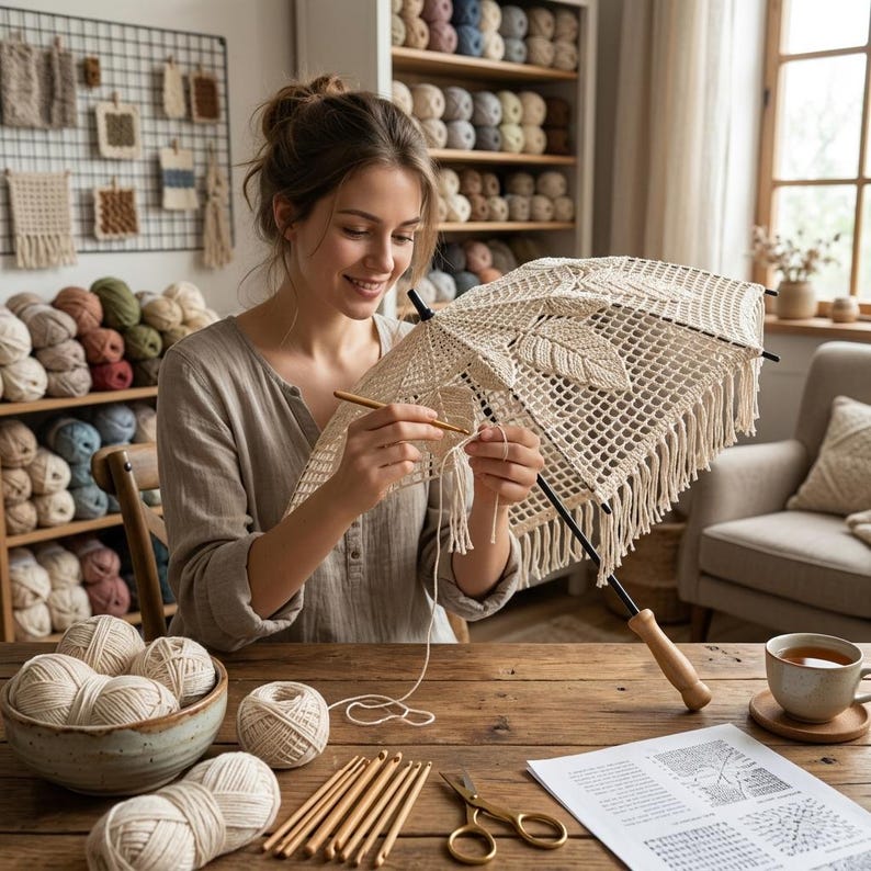 May include: A woman crocheting a cream parasol with a leaf design. The parasol has a wooden handle and black frame. Yarn, crochet hooks, and scissors are on the wooden table. Shelves filled with yarn are in the background.