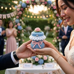 May include: A light blue crocheted ring box featuring a white ruffled trim, a pink bow, and a small pink rose on top. The box is held in two hands and contains a single gold ring resting on the lid, showcasing a textured, handmade yarn design.