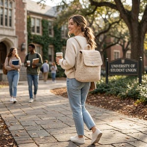 Puede incluir: Una mochila de crochet beige con cierre de solapa y correas ajustables. La mochila la lleva una persona caminando por un camino de ladrillos. La persona lleva un suéter color crema y vaqueros azul claro. El fondo incluye un edificio universitario y un letrero que dice "UNIVERSITY OF STUDENT UNION."