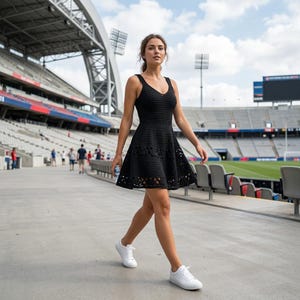May include: A black crochet dress with a V-neck and a flared skirt. The dress features a detailed openwork pattern at the hem. The person is wearing white sneakers and walking in a stadium.