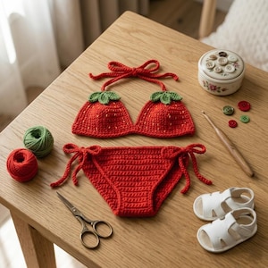 Puede incluir: Conjunto de bikini rojo tejido a mano con copas en forma de fresa y detalles de hojas verdes. El conjunto incluye una braguita a juego. Accesorios: sandalias blancas para bebé, tijeras e hilo.