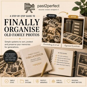 May include: A guide to organizing old family photos. The image shows a before-and-after comparison, with a pile of disorganized photos transforming into neatly organized albums and boxes. The guide includes a Family Photo Organiser book and a spiral notebook.