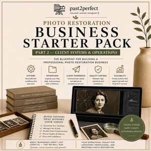 May include: An advertisement for a photo restoration business starter pack. The image features a laptop displaying a restored photo, books, a notepad, and a magnifying glass. Text includes "Photo Restoration Business Starter Pack" and "Build Systems That Support Your Vision."