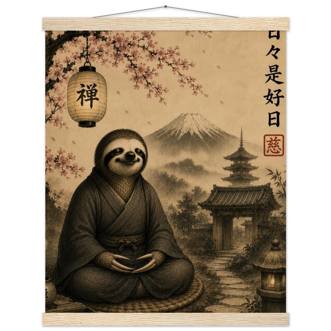 Sloth Japan Japanese Wall Art: Meditating Sloth and Cherry Blossoms - Wood Hanger ...