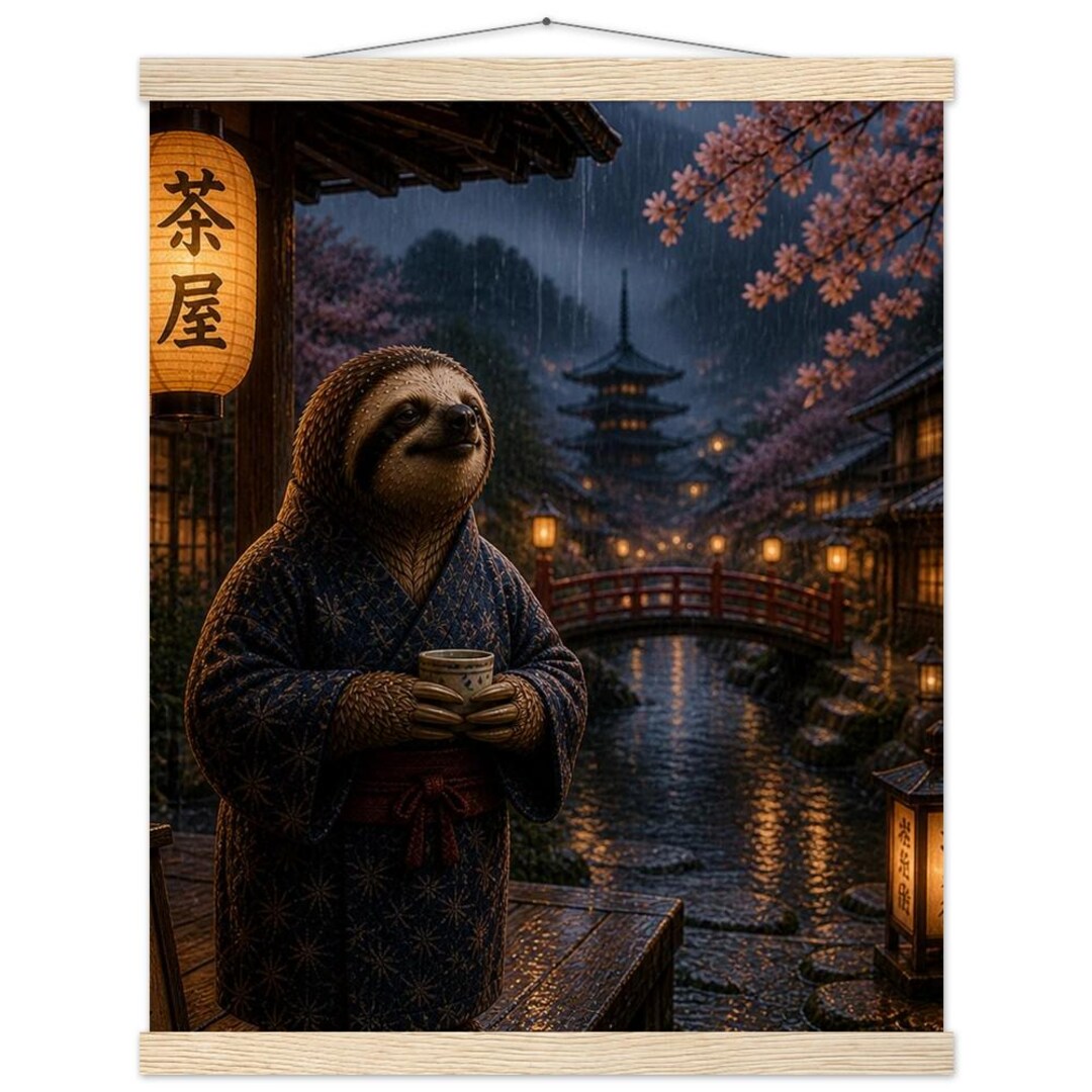 Sloth Japan Japanese-inspired Sloth Art Print - Ready to Hang With Wood Hanger - Etsy