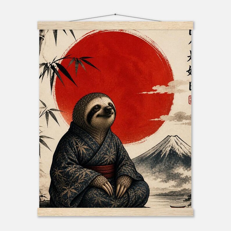 Sloth Japan Zen Sloth Art Print - Japanese Kimono With Pine Wood Hanger - Etsy