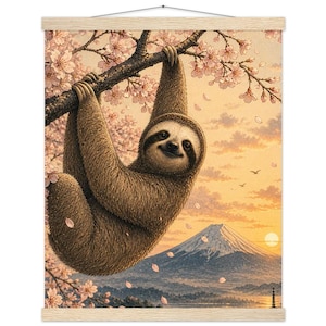 Zen Sloth Wall Art: Japanese Sakura and Sunset - Pine Wood Hanger