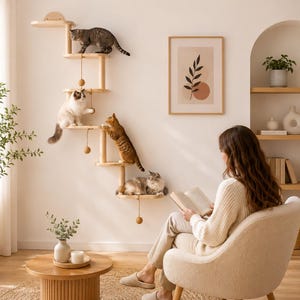 Peut inclure: Un système d'escalade pour chat fixé au mur en bois clair, composé de plusieurs plateformes décalées et de jouets à billes suspendus. Quatre chats sont installés sur les différents niveaux de la structure fixée sur un mur blanc.