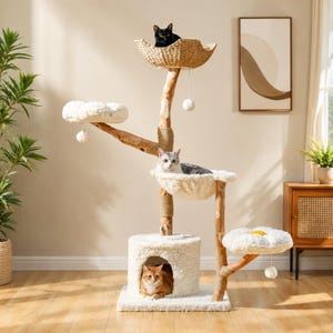 May include: A multi-level cat tree with a natural wood design. It features a woven basket, fluffy platforms, and a cozy hideaway. Several cats are resting on the different levels of the cat tree.
