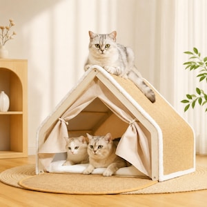 May include: A beige cat house with a house-shaped frame, featuring a woven roof and beige curtains. Three cats are in and on the house. One cat is on the roof, and two cats are inside the house. The house sits on a round, woven mat.