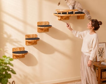 Juego de 4 estantes de pared de madera para gatos con escalera de 3 peldaños, muebles de pared para gatos, estantes flotantes de madera para gatos, área de juegos para gatos montada en la pared.