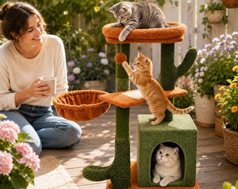Modern Wood Cat Condo Tower, 3-Level Cat Tree Insulated house, Cat Tower Gifts