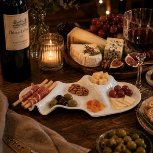 May include: A white ceramic serving platter with four distinct sections, holding prosciutto-wrapped breadsticks, walnuts, cubed cheese, green and black olives, dried apricots, and sliced cheese, arranged on a dark wooden table.