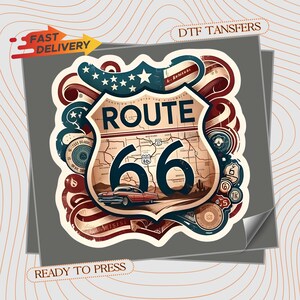 May include: A Route 66 graphic with a shield shape, map, and classic car illustration. The design features red, white, and blue colors, with the text "ROUTE 66" and "66". The words "FAST DELIVERY" and "READY TO PRESS" are also visible.