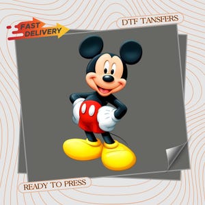 May include: A colorful image of Mickey Mouse, a popular cartoon character, with a smiling expression. Mickey is wearing red shorts, yellow shoes, and white gloves. The image includes the text "FAST DELIVERY" and "READY TO PRESS".