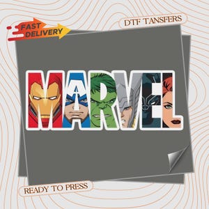 May include: A rectangular DTF transfer sheet featuring the word MARVEL in large block letters. Each letter contains a different superhero face: Iron Man, Captain America, Hulk, Thor, Black Panther, and Black Widow. The text reads DTF TANSFERS.