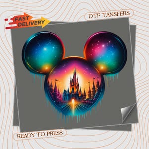 May include: A colorful graphic featuring a Mickey Mouse silhouette with a castle scene inside. The design includes a vibrant galaxy effect in the ears and a castle at sunset. Text reads "FAST DELIVERY" and "READY TO PRESS".