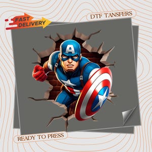 May include: A graphic of Captain America breaking through a wall, holding his shield. He wears a blue and red costume with a white star on his chest. The image includes the text "FAST DELIVERY" and "READY TO PRESS".