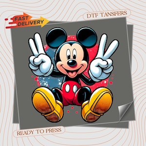 May include: A colorful graphic of Mickey Mouse giving the peace sign. Mickey is in his classic outfit with red shorts, yellow shoes, and white gloves. The background has red and blue accents. Text reads "FAST DELIVERY", "DTF TRANSFERS", and "READY TO PRESS".