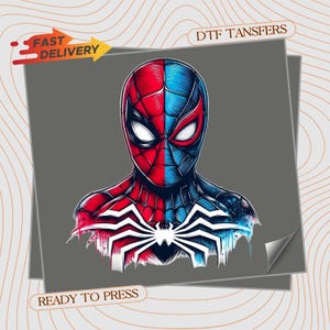 May include: A DTF transfer featuring a split-color graphic of a masked superhero head and torso. The left side is red and the right side is blue, both with black web patterns. A large white spider emblem is centered on the chest. Text reads FAST DELIVERY.