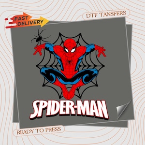 May include: A DTF transfer sheet featuring a graphic of the character Spider-Man in a red and blue suit, positioned in front of a black spider web. A small black spider is visible in the upper left. The text SPIDER-MAN appears in white below.