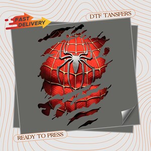 May include: A DTF transfer sheet featuring a red and silver Spider-Man design. The design shows a ripped effect revealing the Spider-Man suit. The sheet has the text "Fast Delivery" and "Ready to Press".