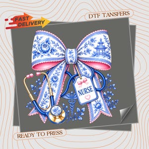 May include: A large decorative bow featuring a blue and white floral pattern with a pagoda illustration, paired with a blue and gold stethoscope, a caduceus symbol, and a white tag with a pink bow and heart that reads NURSE in blue text.
