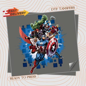 May include: A DTF transfer sheet featuring a colorful graphic illustration of Marvel superheroes including Captain America, Hulk, Iron Man, Thor, Black Widow, and Falcon. The design includes blue square accents and the text DTF TANSFERS and READY TO PRESS.