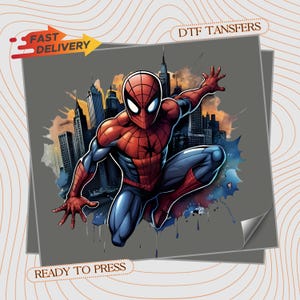 May include: A colorful illustration of Spider-Man in a dynamic pose against a cityscape backdrop. The superhero is depicted in his classic red and blue suit. The image includes text that reads "Fast Delivery" and "Ready to Press".