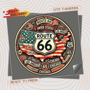 May include: Circular Route 66 design featuring a map of the United States with the iconic Route 66 shield. The design includes the text "Route 66", "Los Angeles", and "Chicago", with an American flag and other details.
