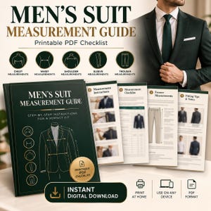 May include: A digital suit measurement guide featuring a dark green cover with gold text, a suit jacket illustration, and five circular icons. The guide includes pages for instructions, a checklist, trouser measurements, and fitting tips in PDF format.