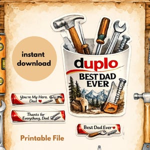 May include: Watercolor-style illustration featuring a cup labeled "duplo" filled with tools, including a hammer, screwdriver, and wrench. The text "BEST DAD EVER" is below the cup. Additional elements include text that says "You're My Hero, Dad", "Thanks for Everything, Dad", and "Best Dad Ever".