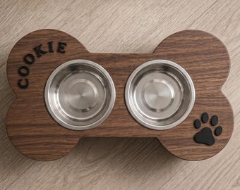 Personalized Walnut Dog Bowl Stand, Bone Shaped Feeder, Custom Pet Station