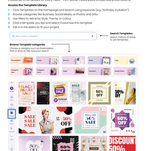 May include: A webpage titled "Templates" displays various pre-designed layouts for social media and business presentations. The page includes instructions on accessing and customizing templates, with examples like "Black Friday Sale" and "50% Off" promotions.