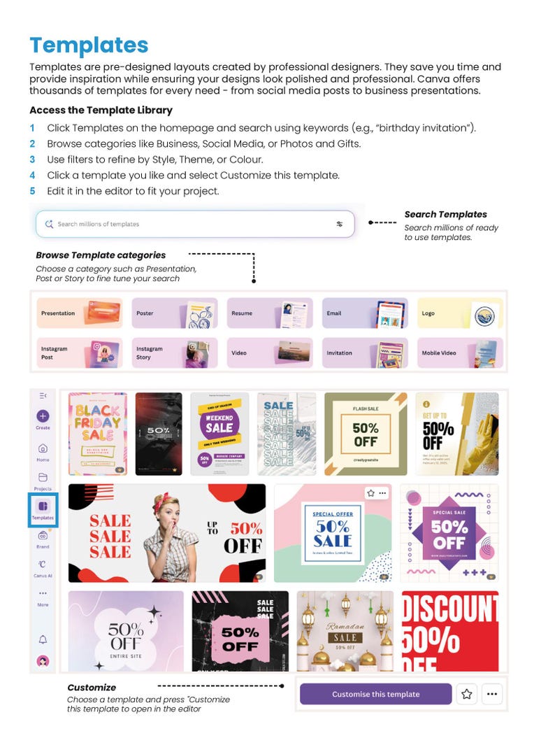 May include: A webpage titled "Templates" displays various pre-designed layouts for social media and business presentations. The page includes instructions on accessing and customizing templates, with examples like "Black Friday Sale" and "50% Off" promotions.
