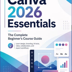 May include: A book cover titled "Canva 2026 Essentials" with a blue, purple, and white gradient background. The cover includes the text "The Complete Beginner's Course Guide" and details on design, branding, AI tools, video, and collaboration. The author's name is Antony Brown.