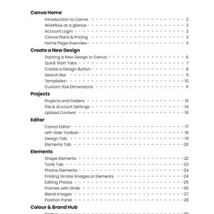 May include: A page from a Canva guide, featuring a table of contents. The title "Contents" is in blue, with sections like "Canva Home," "Create a New Design," and "Projects." Each section lists subtopics with corresponding page numbers.