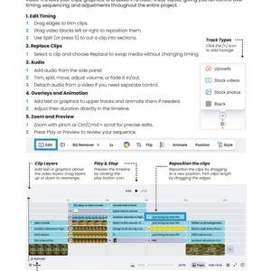 May include: A page from a video editing guide in Canva. The page details steps for editing video, including timing, audio, overlays, and zoom. The page includes a timeline with text and video clip examples.