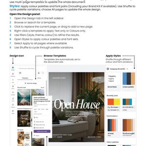 May include: A digital design interface with the title "Design Tab" and instructions on using templates, styles, and color palettes. The interface includes options for browsing templates, applying styles, and refining results. The image also shows a magazine layout.