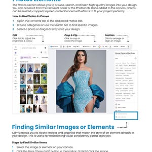 May include: A digital design tutorial with the title "Photos Elements" and instructions on using photos in Canva. The image includes screenshots of the Canva interface, a woman in a blue dress, and search results for similar images.