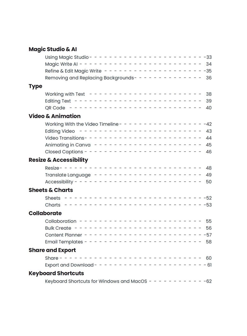May include: A white page with a table of contents for a guide on using Magic Studio & AI. Sections include Type, Video & Animation, Resize & Accessibility, Sheets & Charts, Collaborate, Share and Export, and Keyboard Shortcuts.