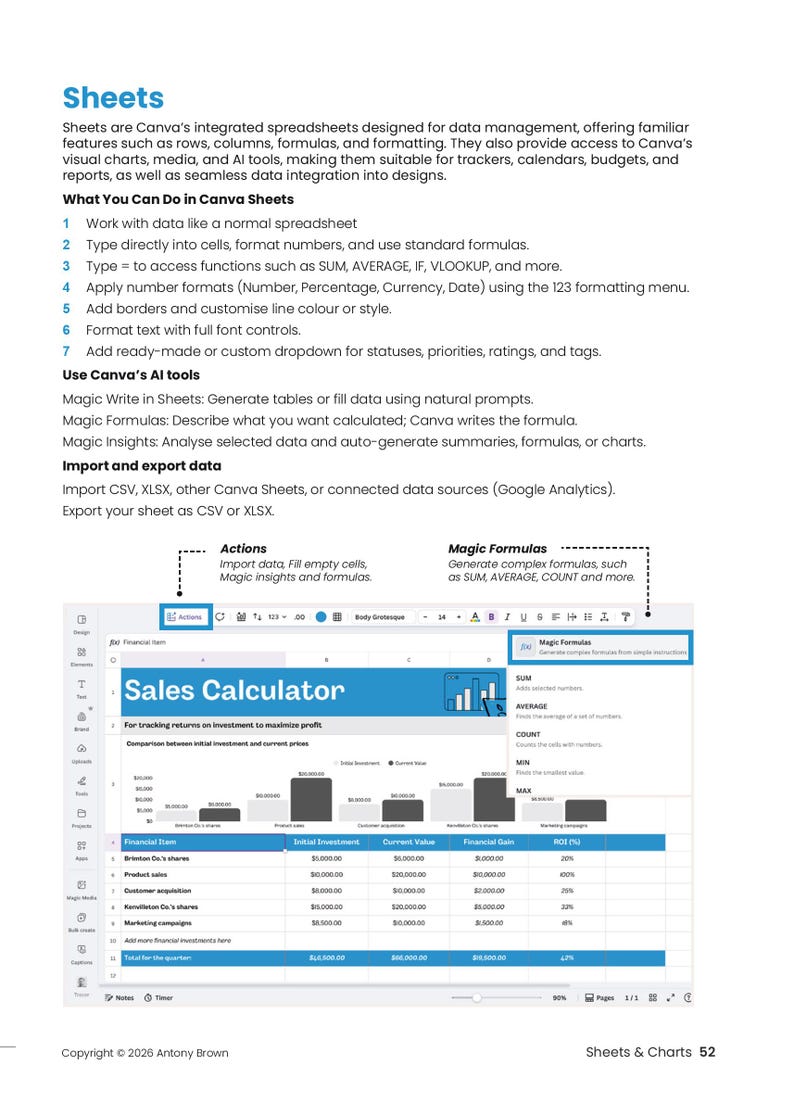 May include: A screenshot from Canva showing a 'Sales Calculator' spreadsheet. The spreadsheet includes columns for initial investment, current value, and financial gain. Text on the screen explains how to use Canva Sheets for data management, formulas, and AI tools.