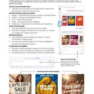 May include: A page from a guide titled "Using Magic Studio" with instructions on using AI to generate designs. The page includes examples of promotional graphics with "50% OFF" text and a text prompt box.