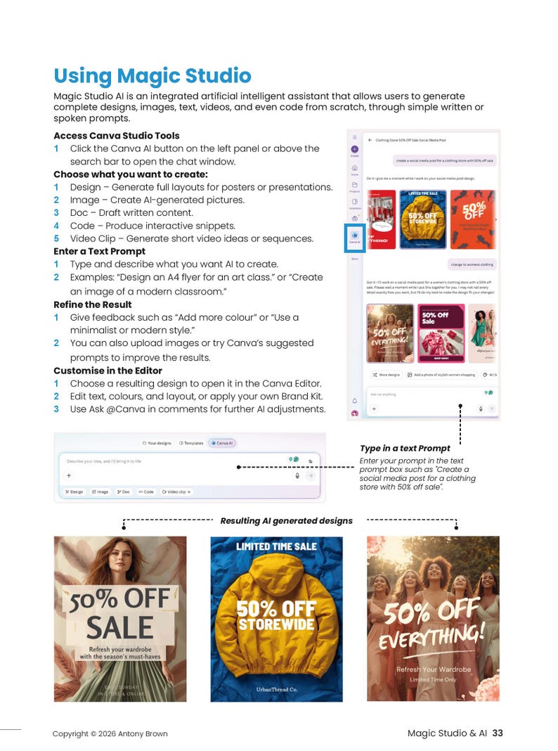 May include: A page from a guide titled "Using Magic Studio" with instructions on using AI to generate designs. The page includes examples of promotional graphics with "50% OFF" text and a text prompt box.