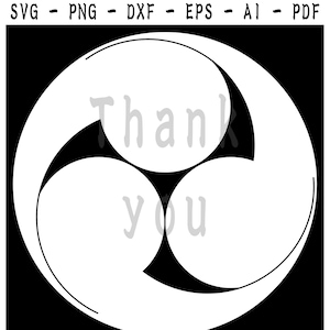 Könnte beinhalten: Ein weißes, dreiteiliges, kommaförmiges Tomoe-Symbol auf schwarzem Hintergrund mit dem Text SVG - PNG - DXF - EPS - AI - PDF oben und den Wörtern Thank you in der Mitte der Grafikdatei für den digitalen Download.