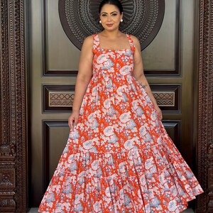 Orange Floral Block Print Cotton Maxi Dress | Bohemian Summer Style, Back String Closure