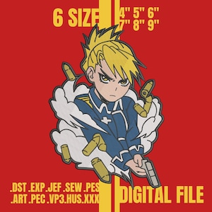 May include: Digital file featuring an anime-style character with blonde hair, wearing a blue uniform, and holding a gun. The design includes a cloud and bullet details, set against a red background with yellow text indicating sizes from 4" to 9".