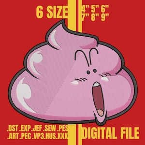 May include: Pink cartoon poop emoji with a surprised expression, outlined in black, on a red background. The image includes the text "6 SIZE" and size measurements in inches, along with "DIGITAL FILE" and file type extensions.