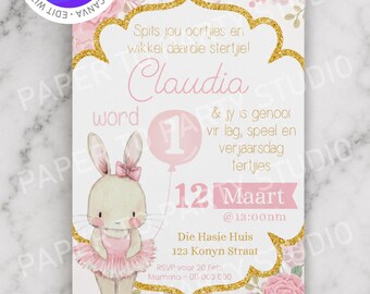 Editable Bunny Ballerina Birthday Invitation in Afrikaans